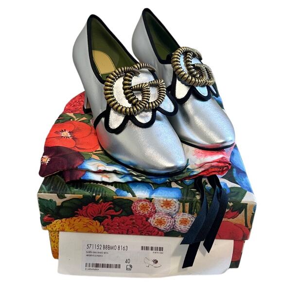 Gucci Bloom Marmont Silver GG Logo Heeled Loafers 40 - Picture 12 of 13